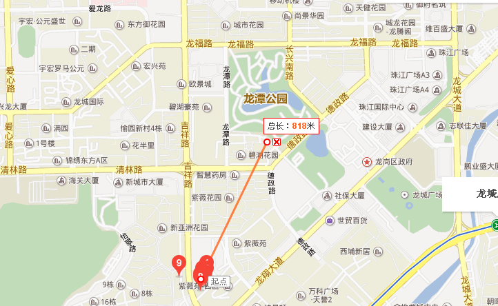 龙城公园距离新鸿进花园小区505米的直线距离见下图(参考百度地图)