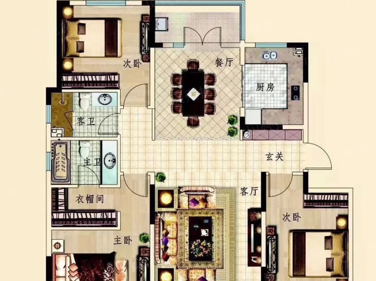 【大华紫郡_济南大华紫郡楼盘】三居室户型图|3室2厅2卫建面 148m05