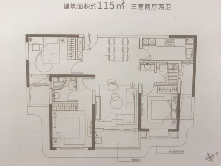 融创珞瑜路95号3室2厅2卫户型图