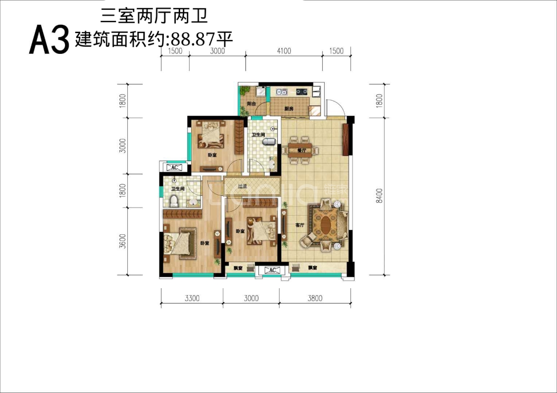 【南湖世家_眉山南湖世家楼盘】三居室户型图|3室2厅1厨2卫建面 88m