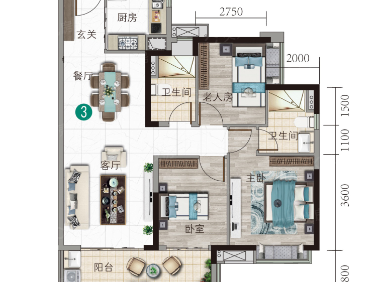 保利碧桂园·公园大道3室2厅2卫户型图