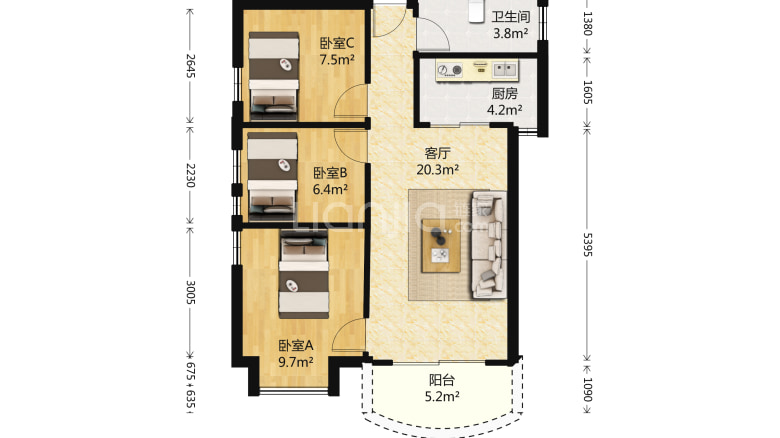 整租·富力半岛花园 3室1厅 西南