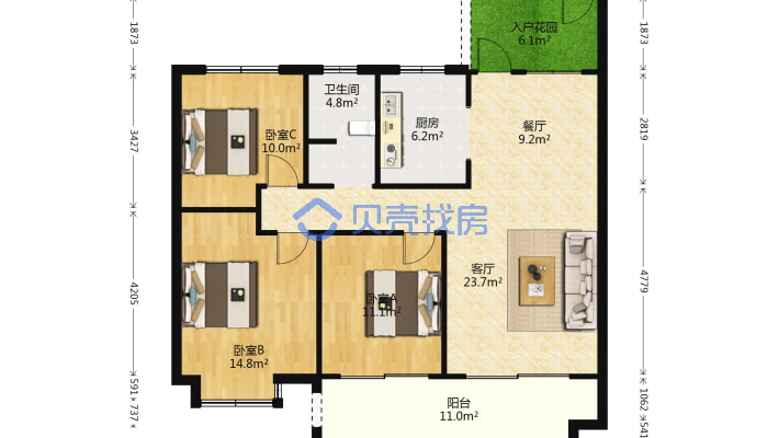 城市庄园住宅赛纳丽城小区 3室2厅 南-户型图