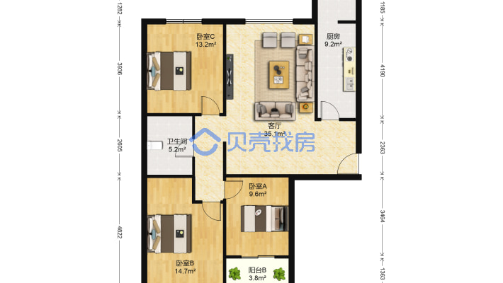 金宸国际小区 3室2厅 西-户型图