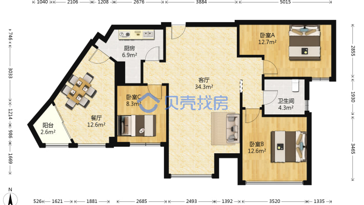 天府新区精装修套三 实得面积大-户型图