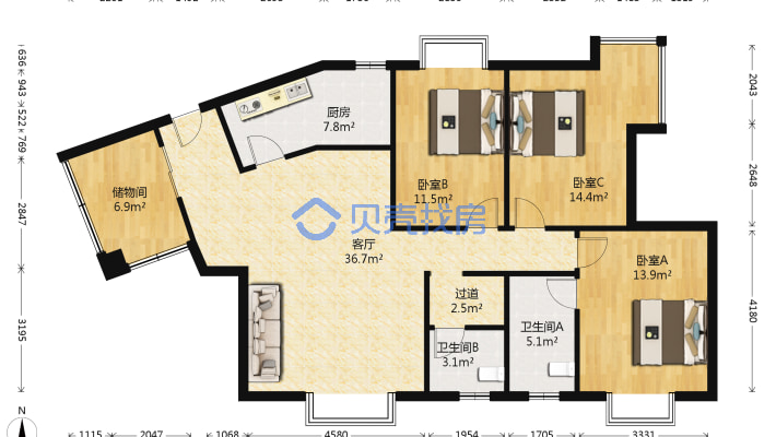 明发滨江新城大三期 3室2厅 南-户型图
