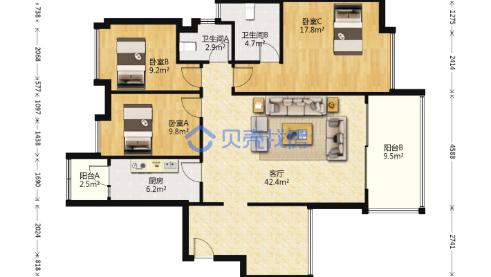 万科金色家园 3室2厅 南 北-户型图