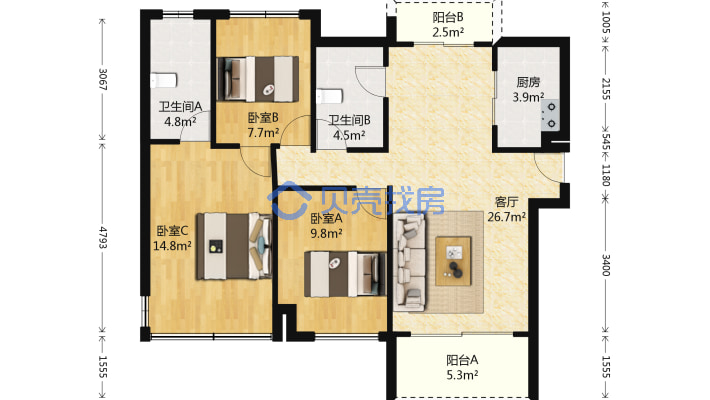 恒福新里程 89方115万 3房2厅2卫 南北对流-户型图