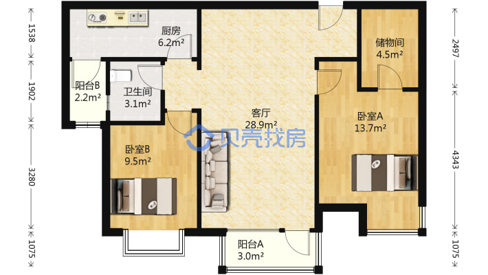 富力城南区 2室2厅 南-户型图