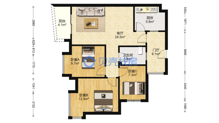 首创万卷山 3室1厅 东南-户型图