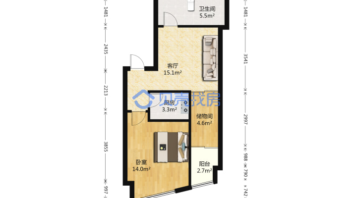 利君明天 1室1厅 东南-户型图