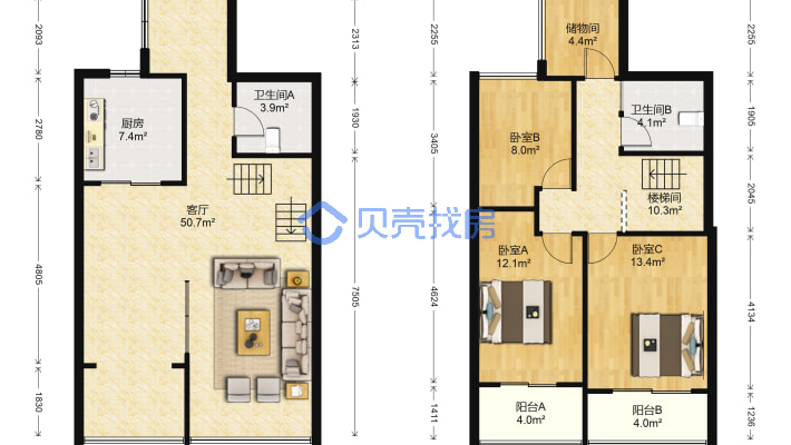 观澜豪庭 四房两卫 跃层 精装修-户型图