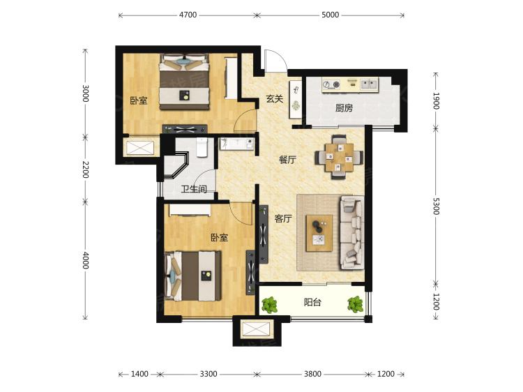 轩楼盘】二居室户型图|2室2厅1厨1卫建面 92m05房型图-天津贝壳新房