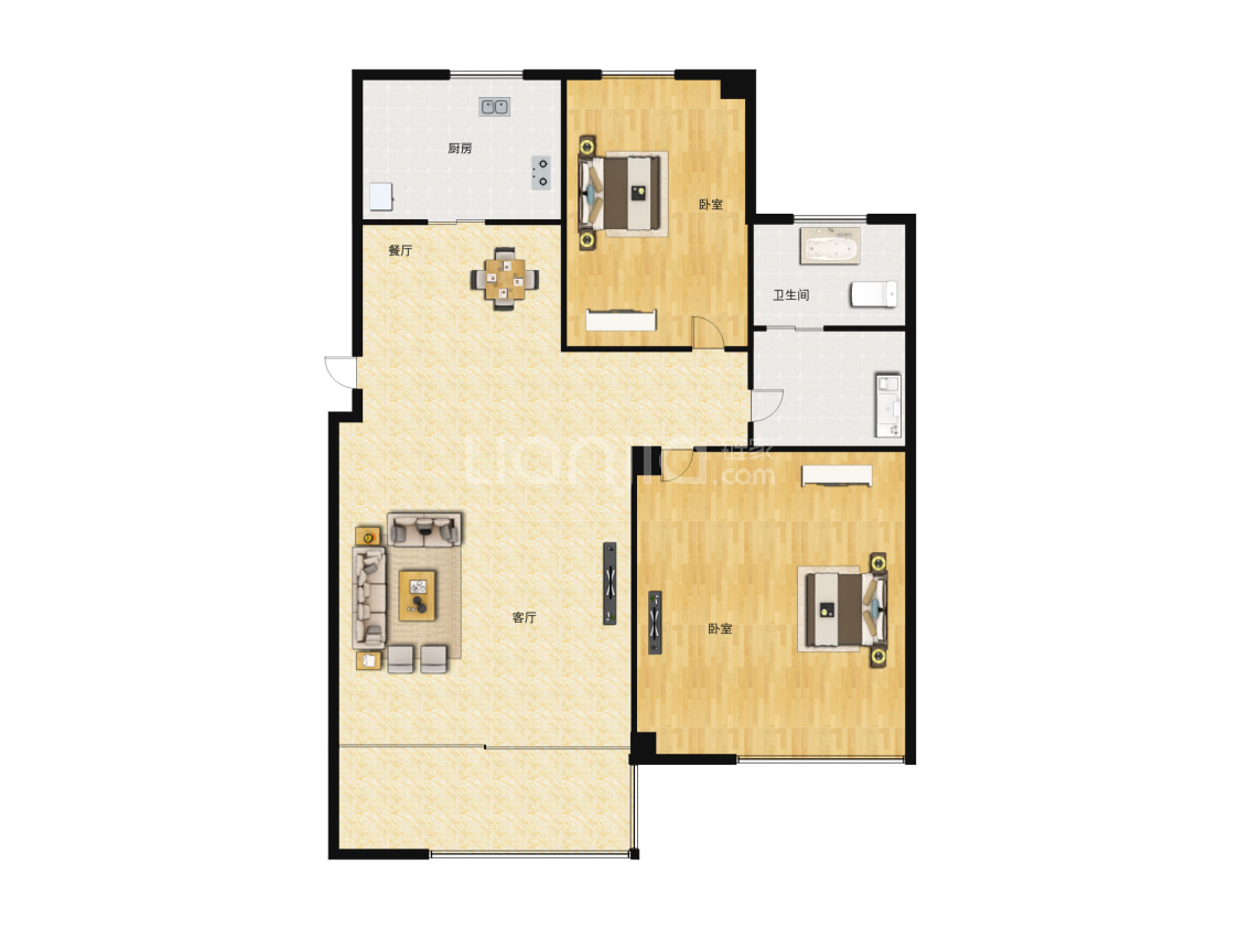 【紫郡城_烟台紫郡城楼盘】二居室户型图|2室2厅1厨1卫建面 92m05