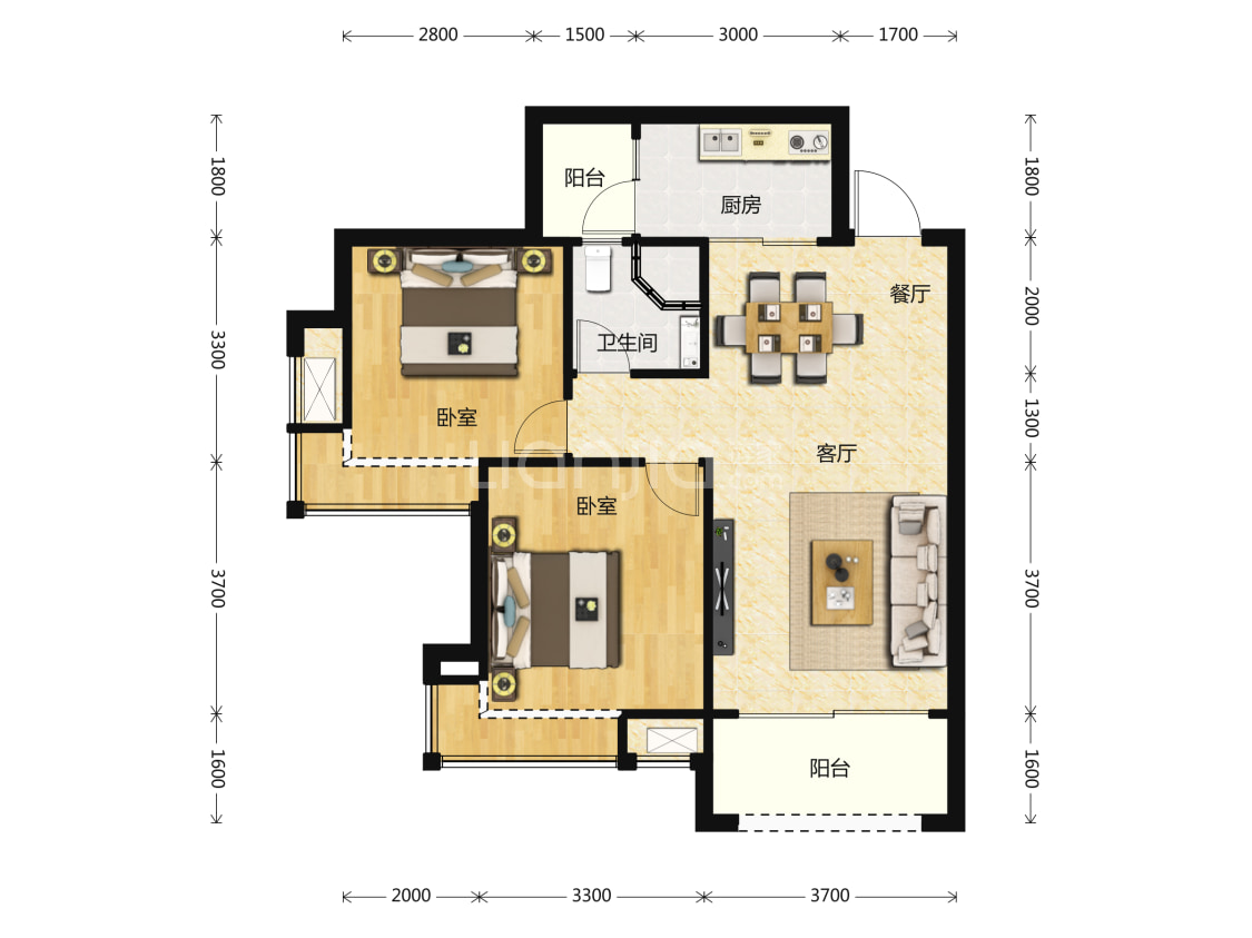 【鹭湖宫13区_成都鹭湖宫13区楼盘】二居室户型图|2室2厅1厨1卫建面