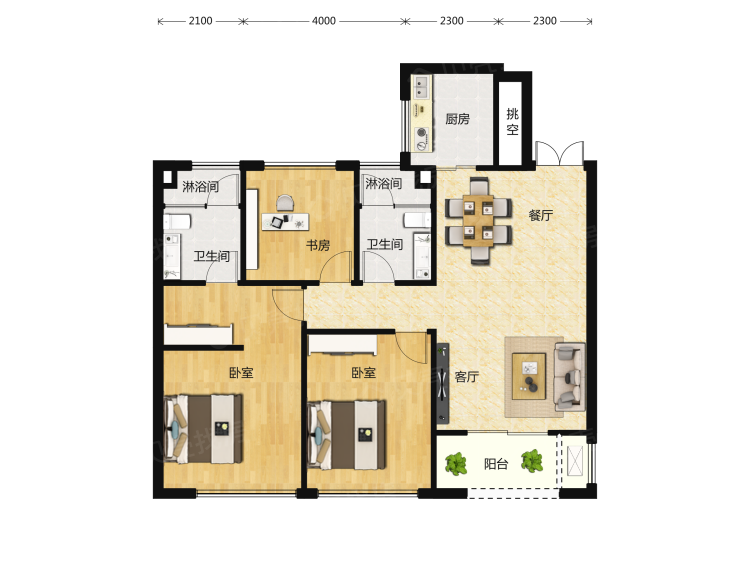 绿城新兴玉园3室2厅2卫户型图