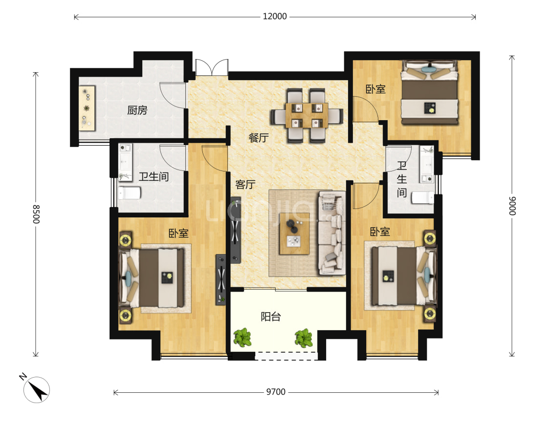 【清凉灞柳_西安清凉灞柳楼盘】三居室户型图|3室2厅1厨2卫建面 112m