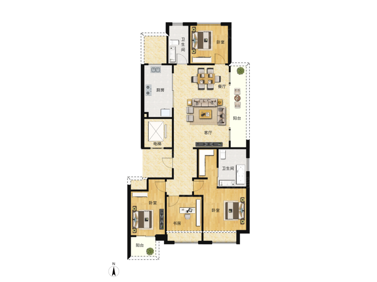 厘望楼盘】四居室户型图|4室2厅1厨2卫建面 151m05房型图-杭州贝壳