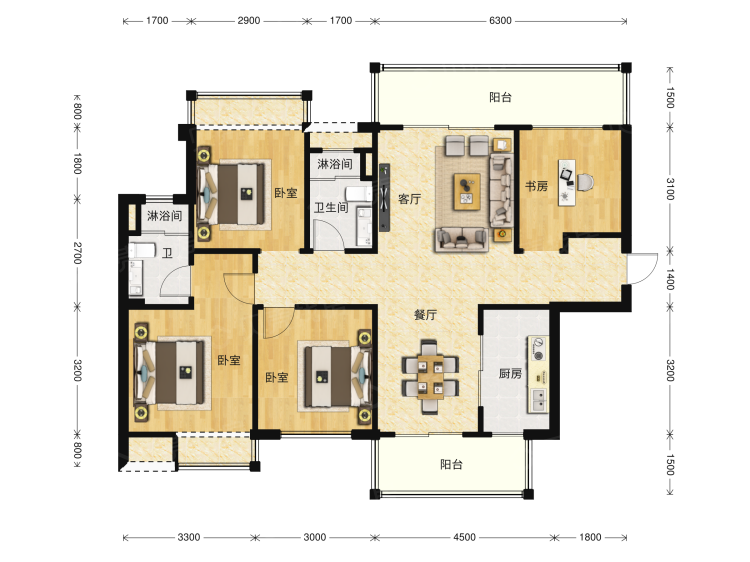 楼盘】四居室户型图|4室2厅1厨2卫建面 115m05房型图-南宁贝壳新房