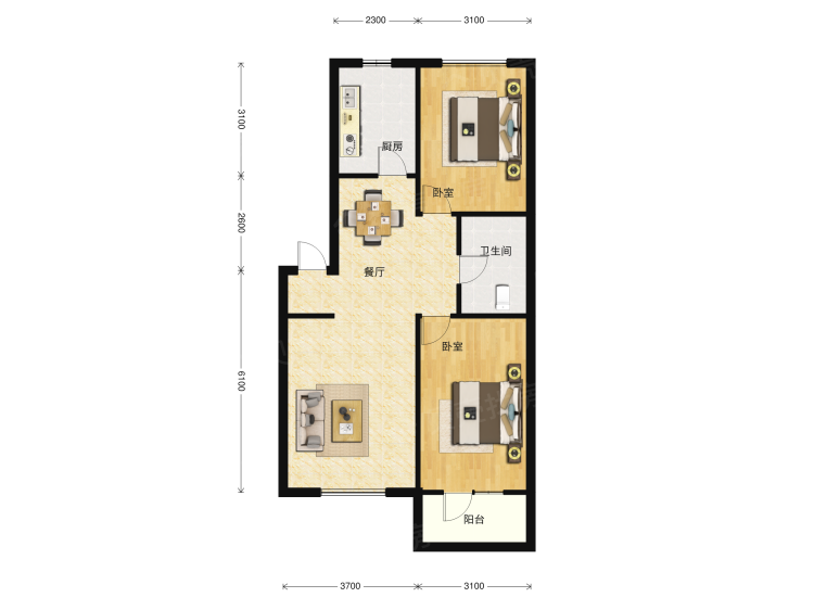 【长堤湾_沈阳长堤湾楼盘】二居室户型图|2室2厅1厨1卫建面 95m05