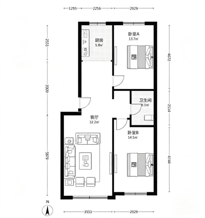 地恒托斯卡纳2室2厅1卫户型图
