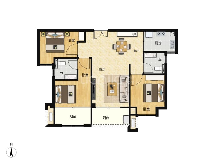 城建水墨江珊3室2厅2卫户型图