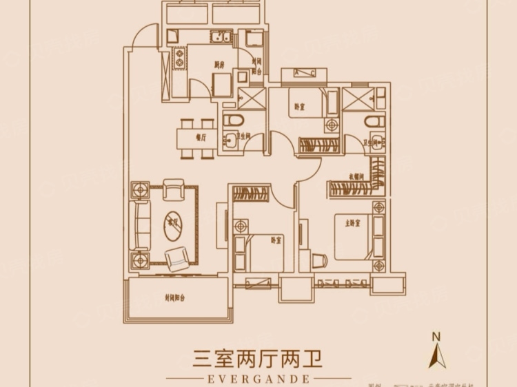 【恒大御澜庭_烟台恒大御澜庭楼盘】三居室户型图|3室2厅1厨2卫建面