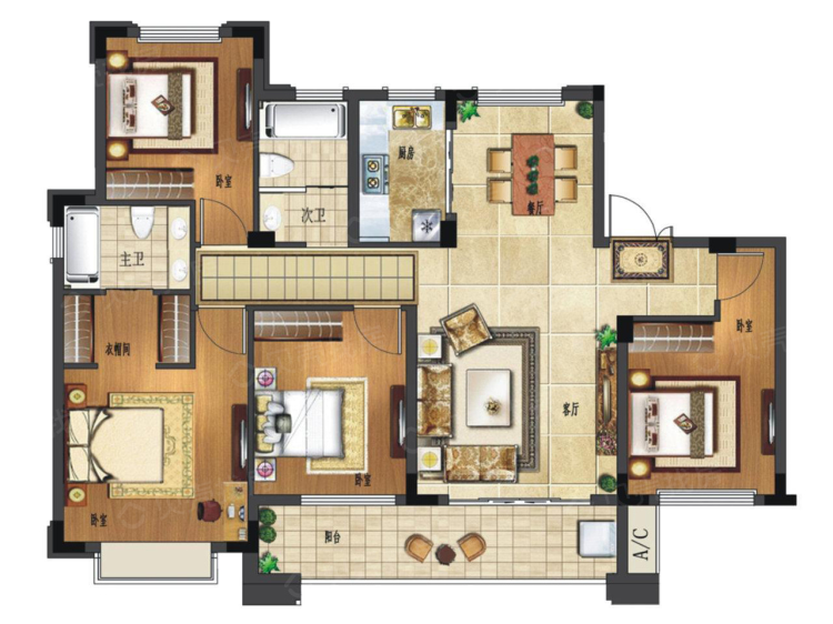 【鸿海满园_南昌鸿海满园楼盘】四居室户型图|4室2厅1厨2卫建面 129m