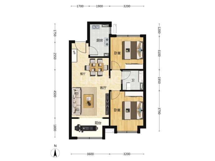 金地滨河风华2室2厅1卫户型图