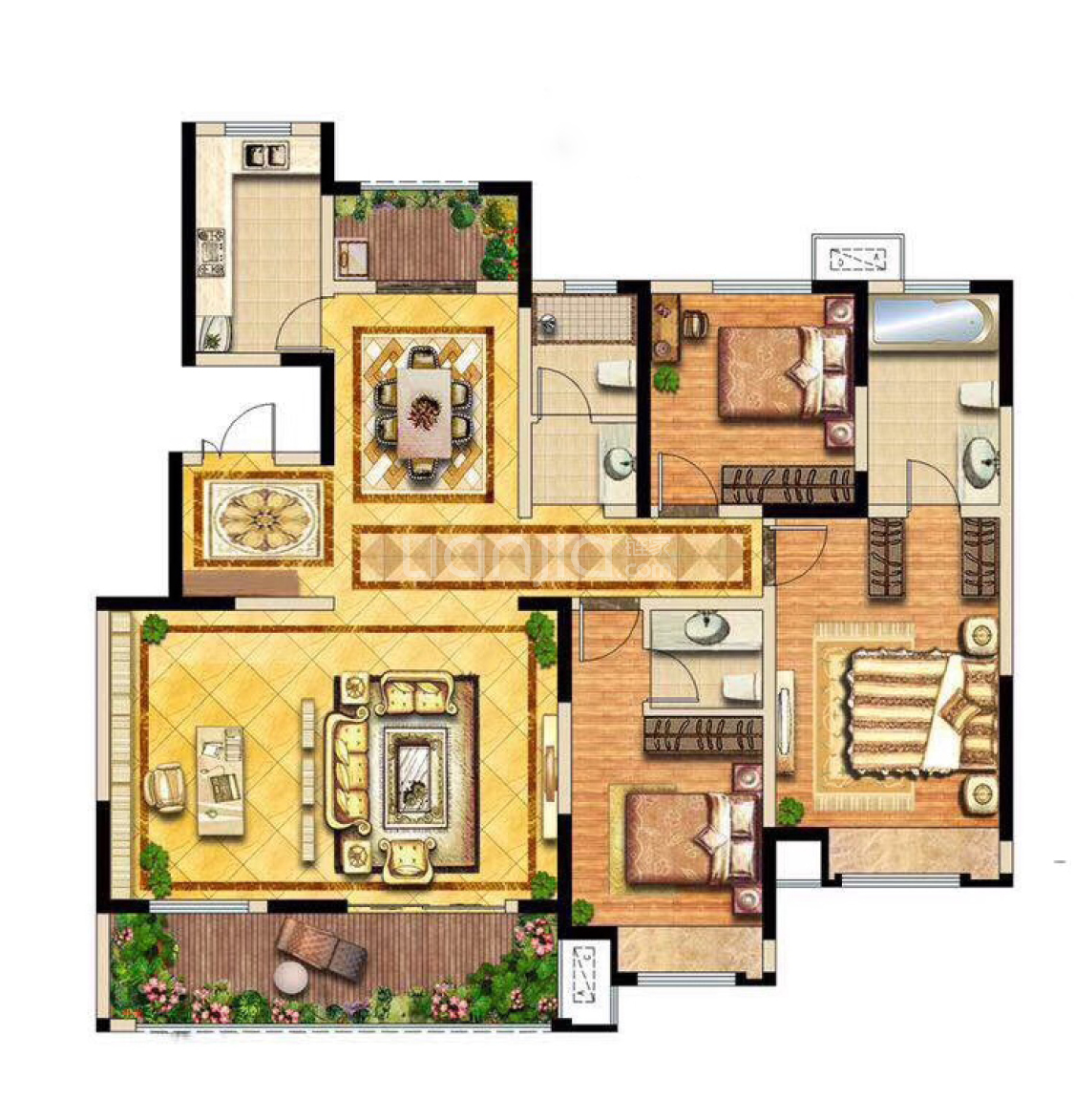 楼盘】三居室户型图|3室2厅1厨2卫建面 148m05房型图-西安贝壳新房