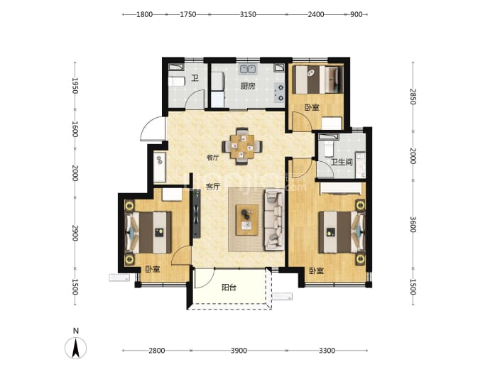 天津万达自在澜湾3室2厅2卫户型图