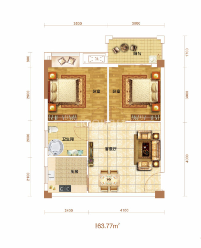 弘洋卢浮公馆--建面 63.77m²