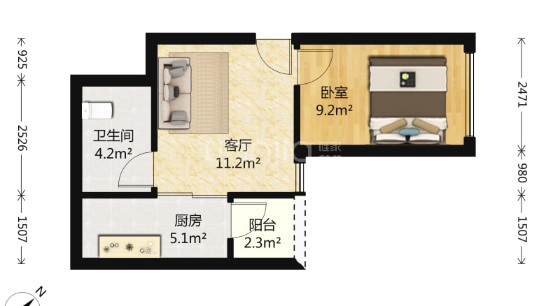 华盛观荟 1室1厅 2000元