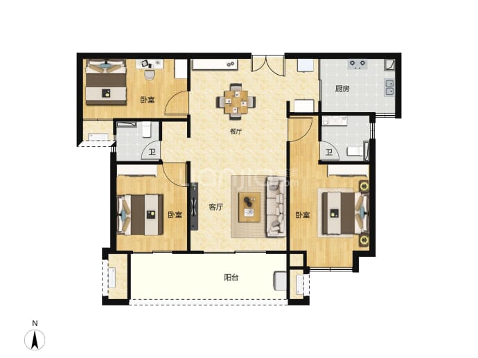城建水墨江珊3室2厅2卫户型图
