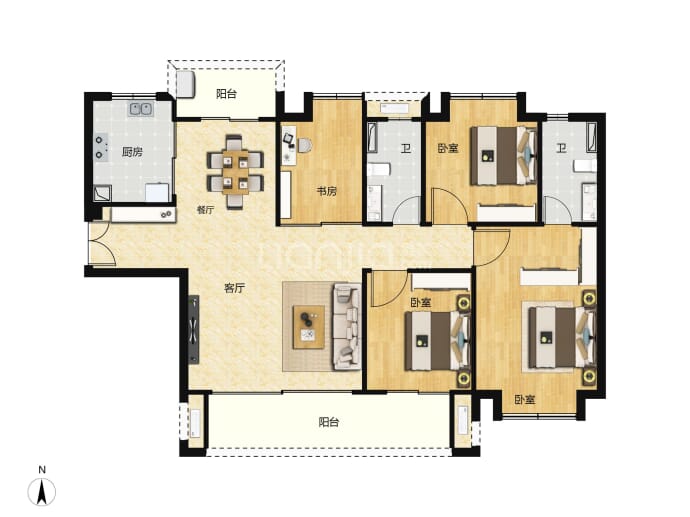 城建水墨江珊4室2厅2卫户型图