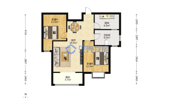 电梯精装小高层两室，格局好，采光充足停车出入方便。-户型图