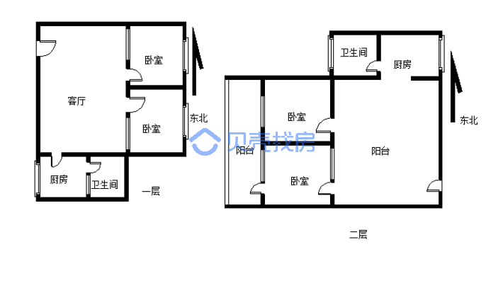 二室二厅一厨一卫户型方正 楼上多一层-户型图