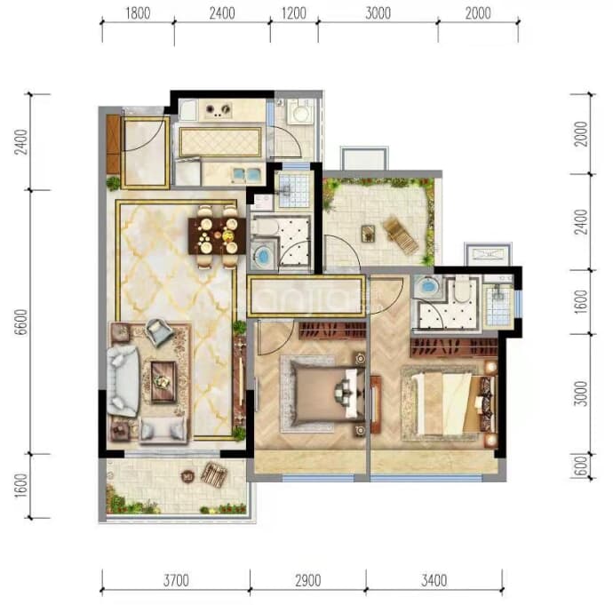 龙光·玖榕府3室2厅2卫户型图