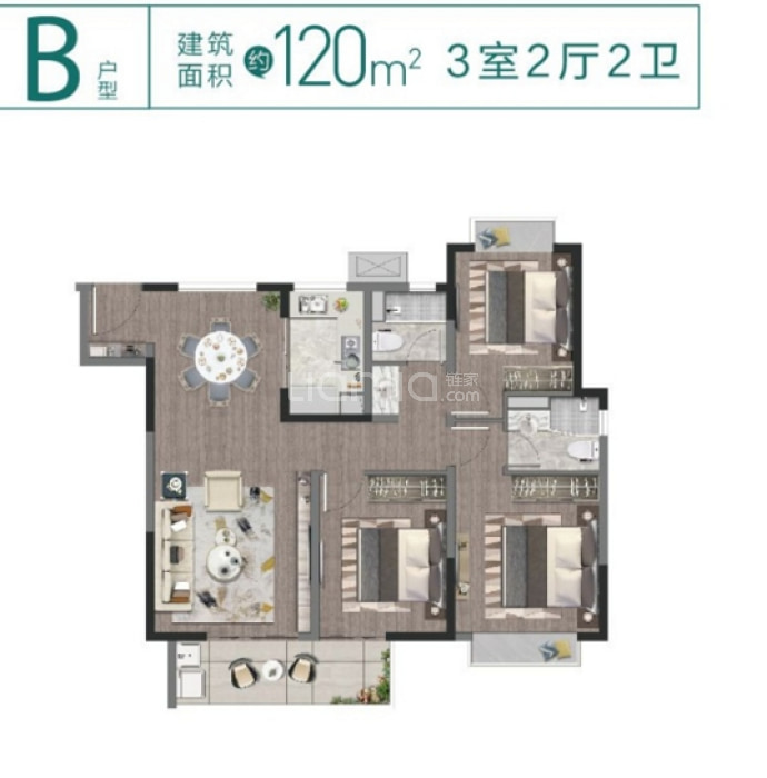 宝能翡丽河滨3室2厅2卫户型图