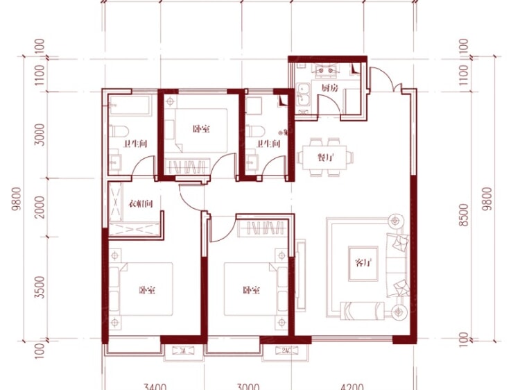 东煜广场3室2厅2卫户型图