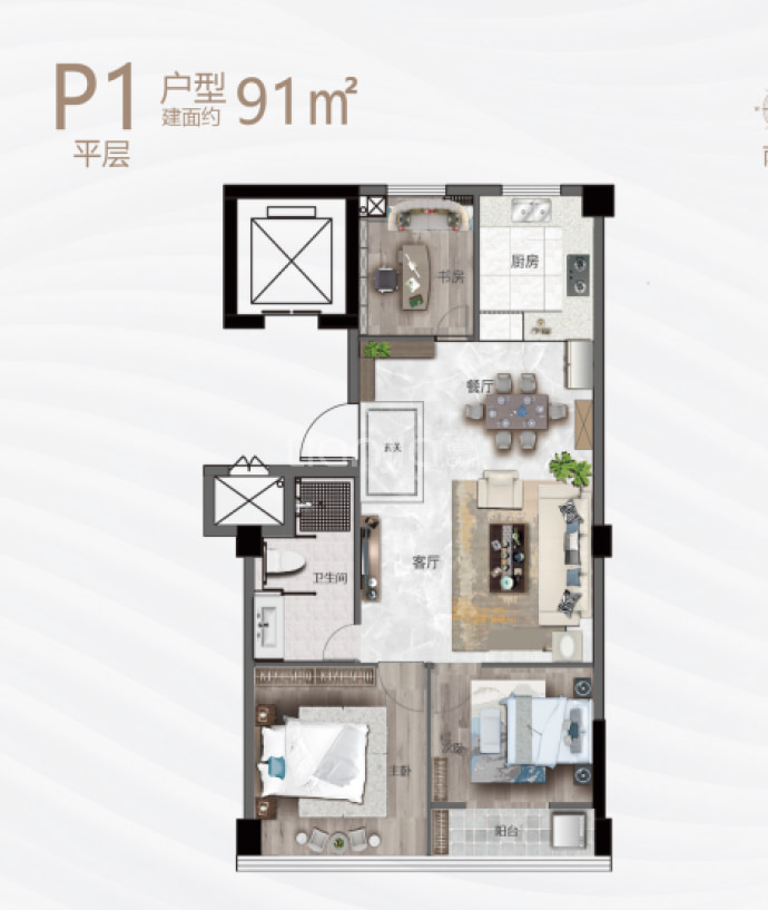 鸿顺世纪城-鸿顺云墅3室2厅1卫户型图
