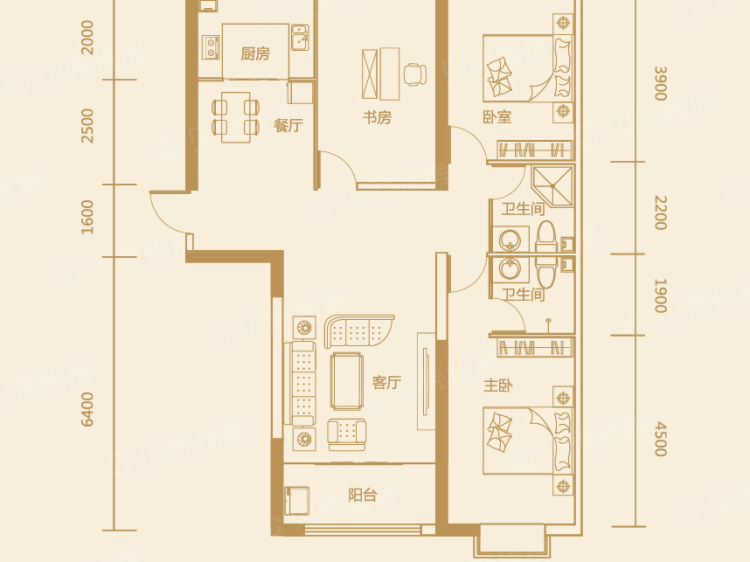 公园华府3室2厅2卫户型图