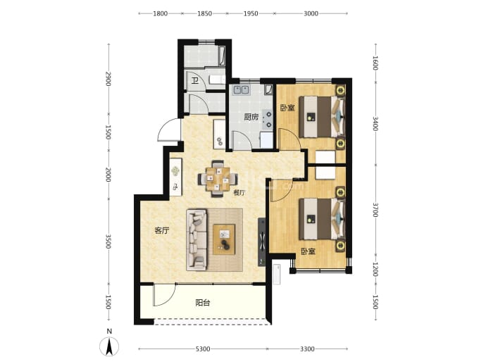 天津万达自在澜湾2室2厅1卫户型图