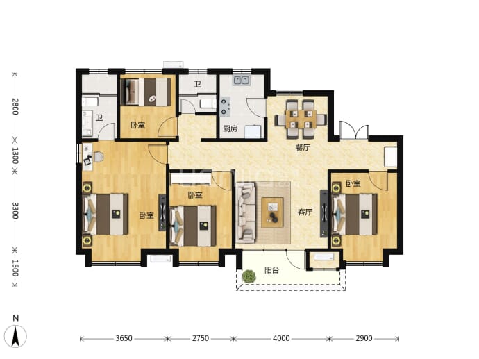 住总如院4室2厅2卫户型图