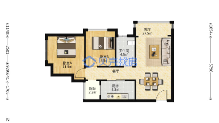 保利未来城市四街区 2室2厅 南 北-户型图