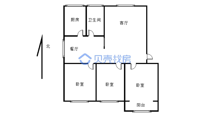 此房户型方正 南北通透 三室两厅一厨一卫-户型图