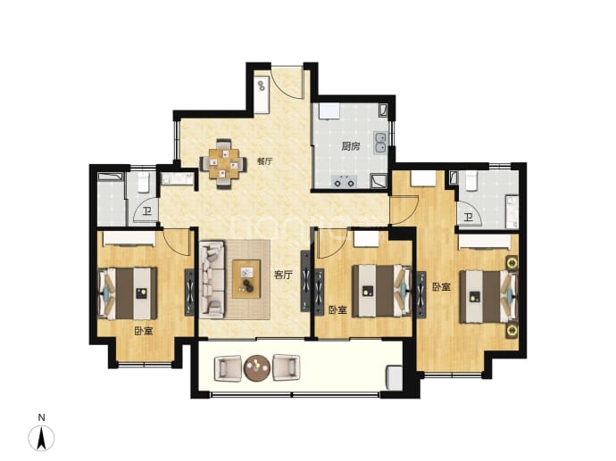 建发朗云3室2厅2卫户型图