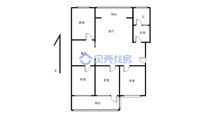 安康小区，步梯，三楼，三室两厅一厨一卫，三卧室朝阳-户型图