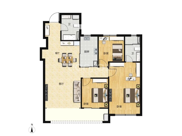华润•中原润府3室2厅2卫户型图