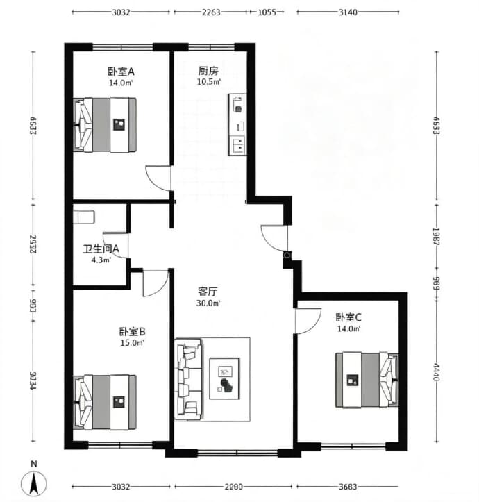 地恒托斯卡纳3室2厅1卫户型图